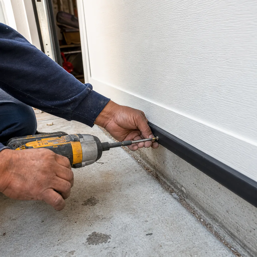 Technician installing rubber weather seal on bottom of garage door