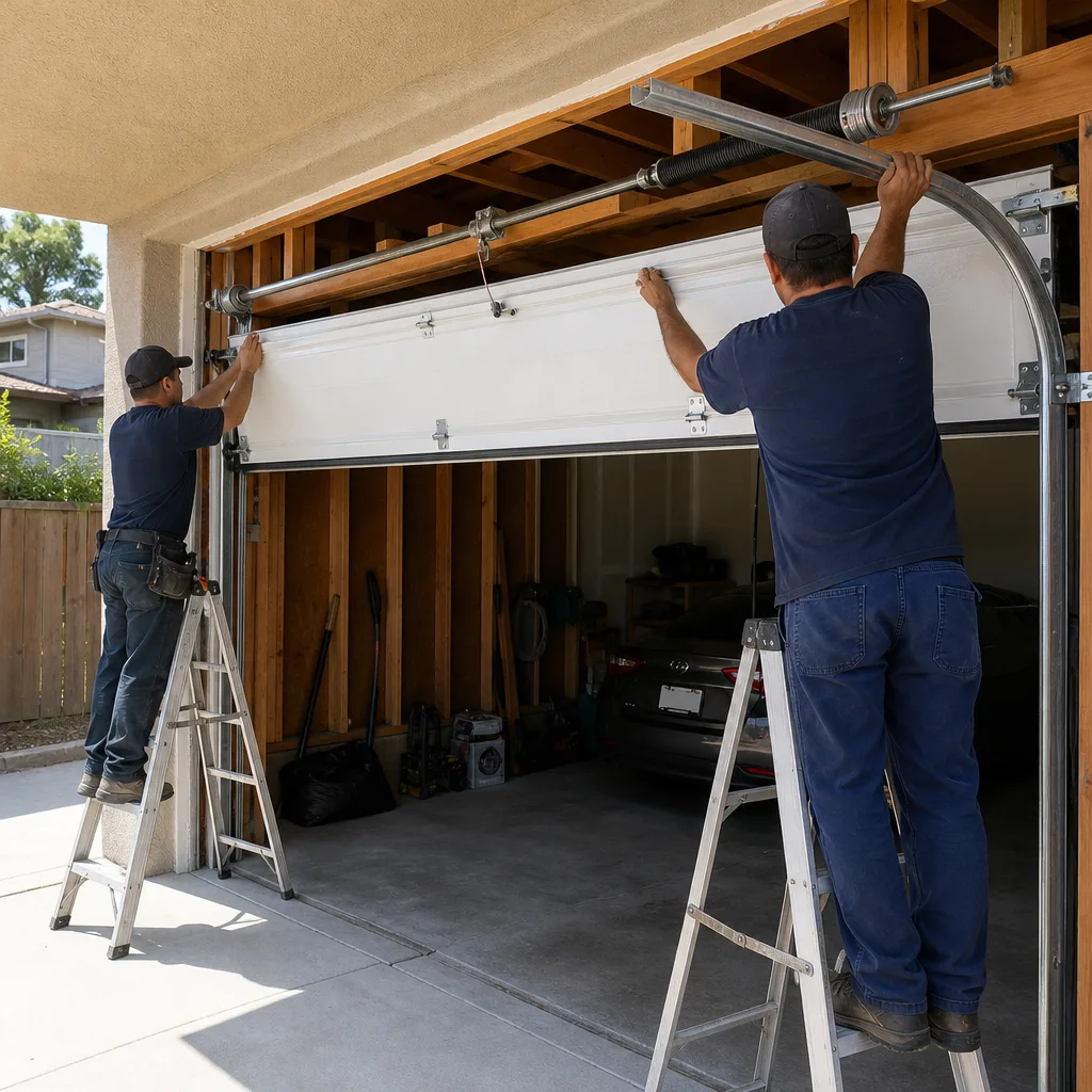 Two professional technicians installing a new garage door on ladders.