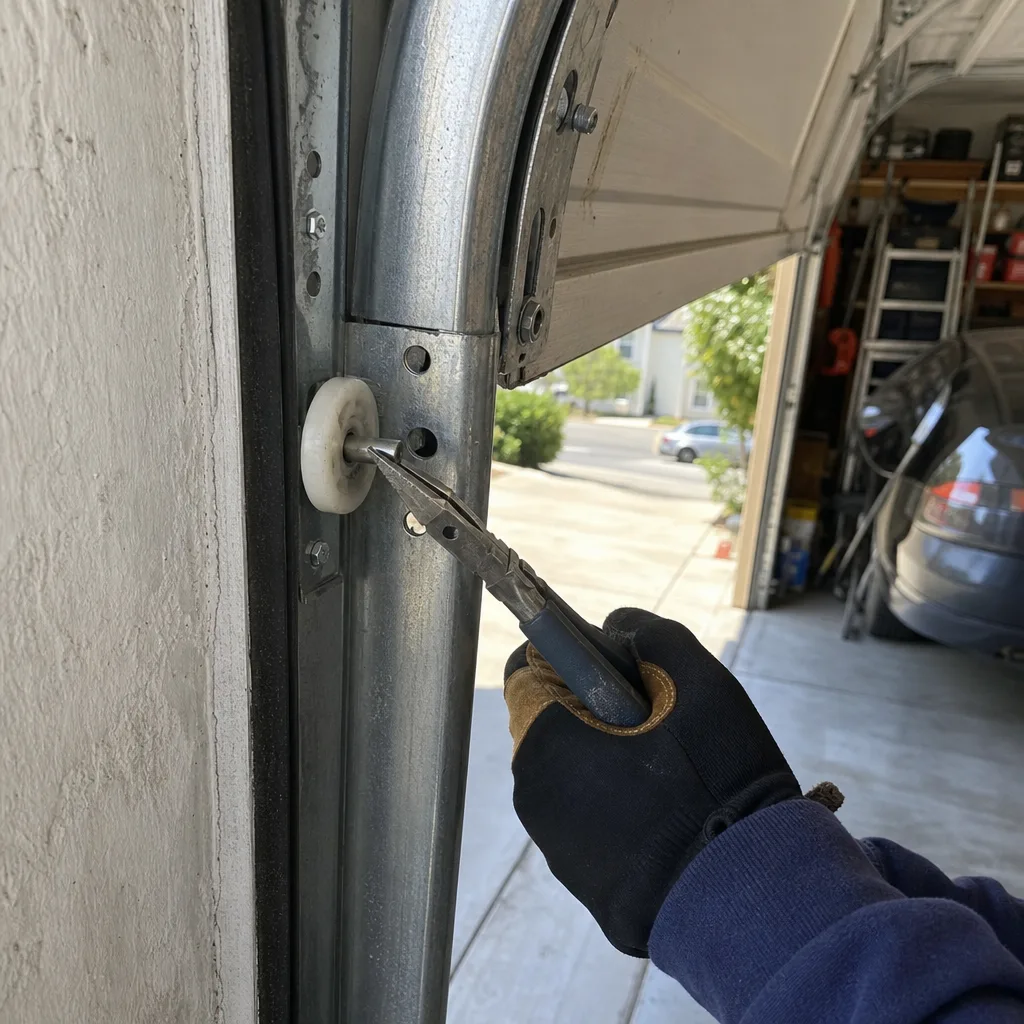 Professional repairing a garage door roller with pliers