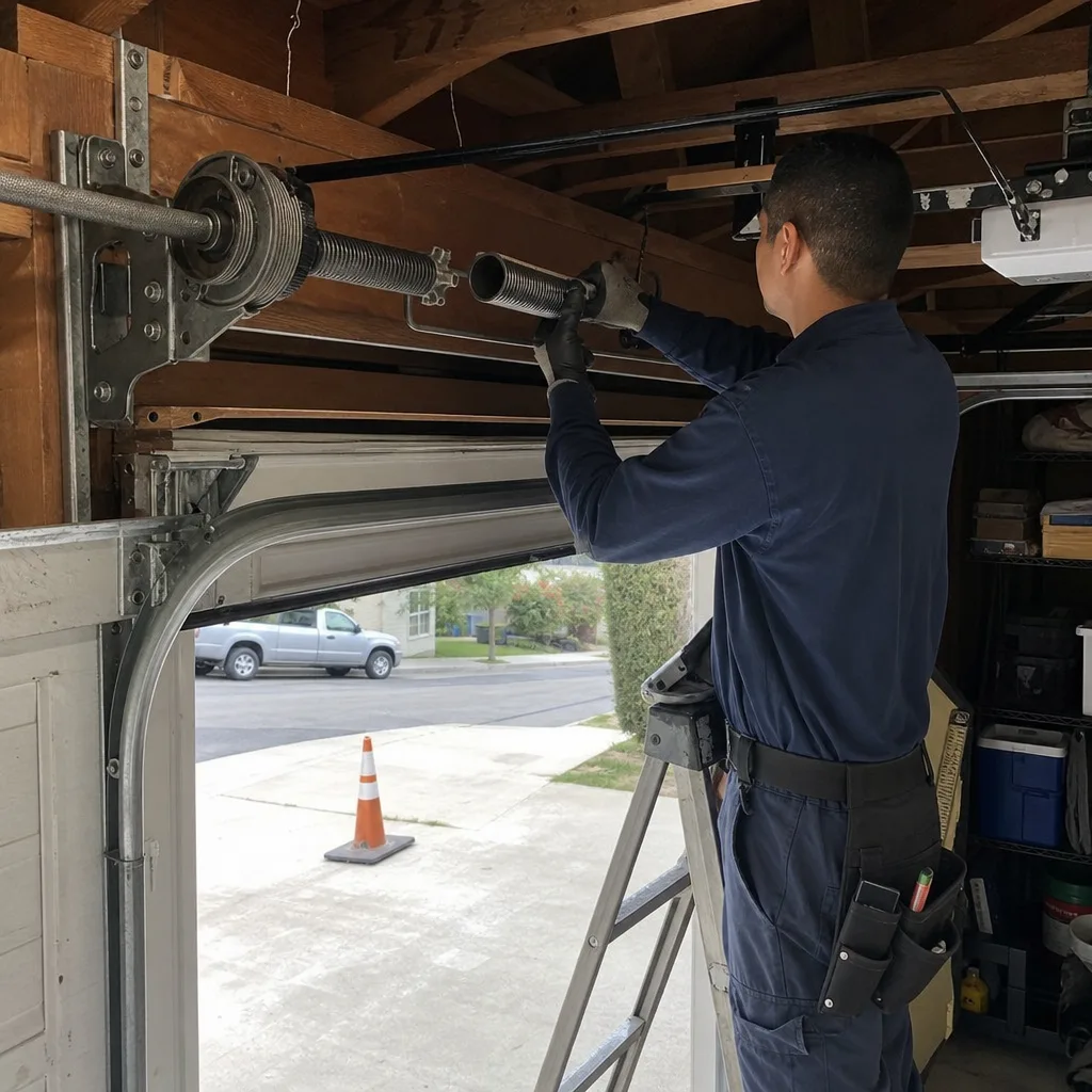 Technician performing professional garage door spring repair