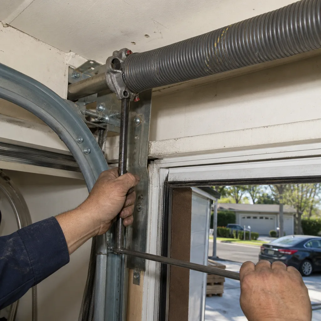 Technician performing garage door torsion spring adjustment and repair